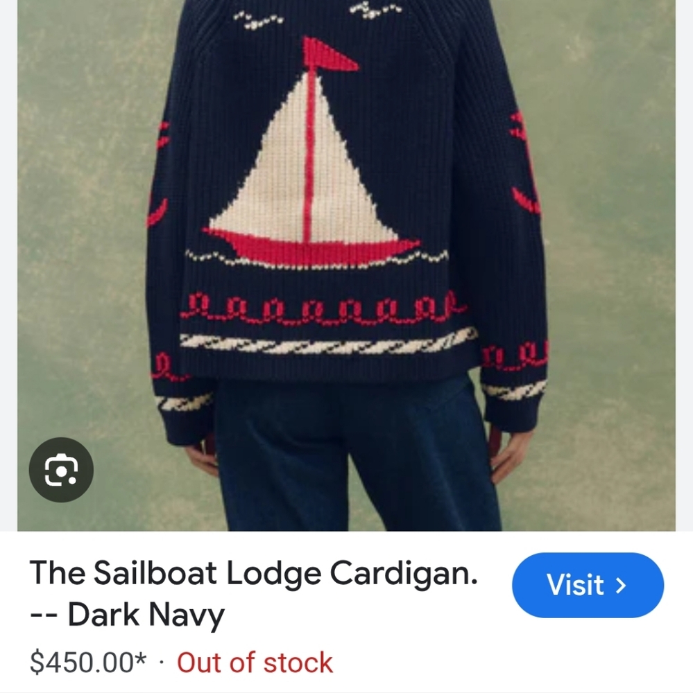 THE GREAT. Navy Sailboat Knit Cardigan with Cream and Red Accents - Picture 6 of 13